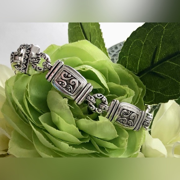 Silver Tone w/Black Accents Fashion Link Bracelet - Picture 2 of 9